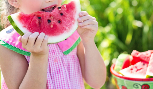 Primer plano de una niña pequeña comiendo un trozo de sandía
